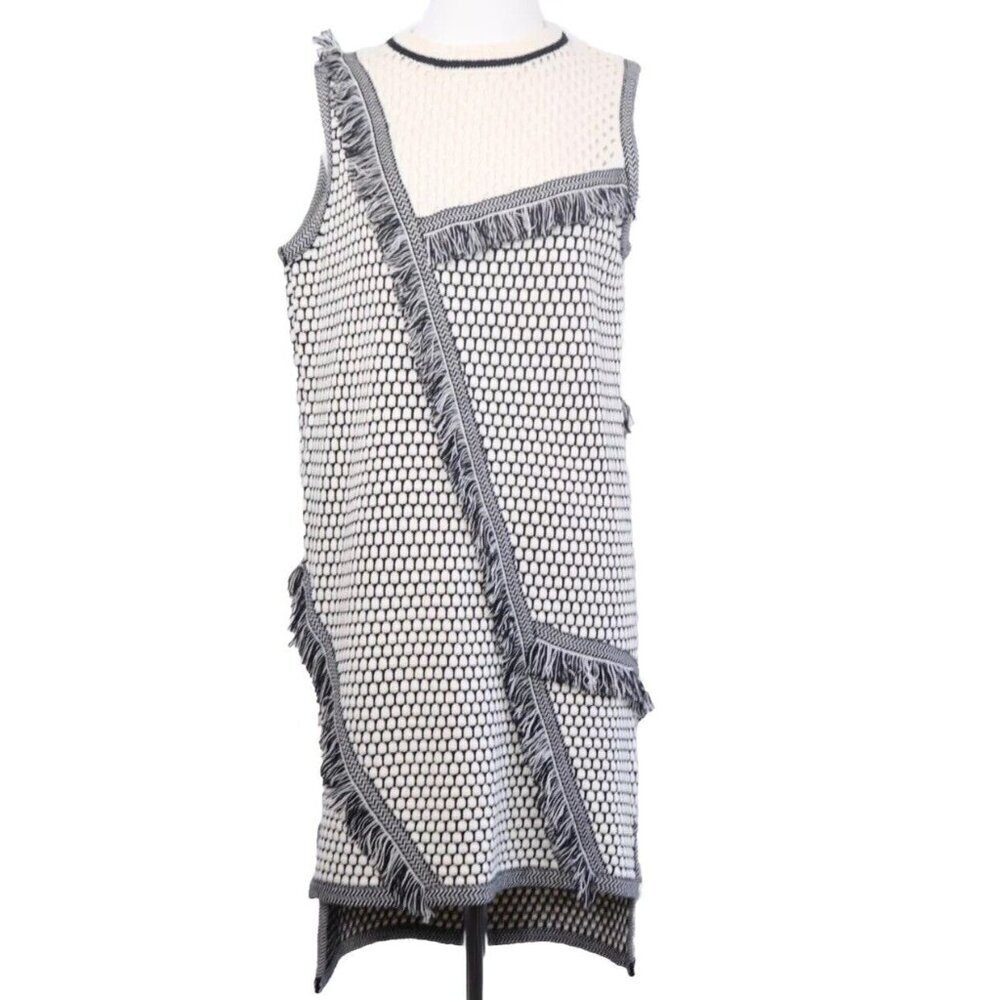 Three Floor Women's M Black White Perforated and Fringed Knitted Shift Dress